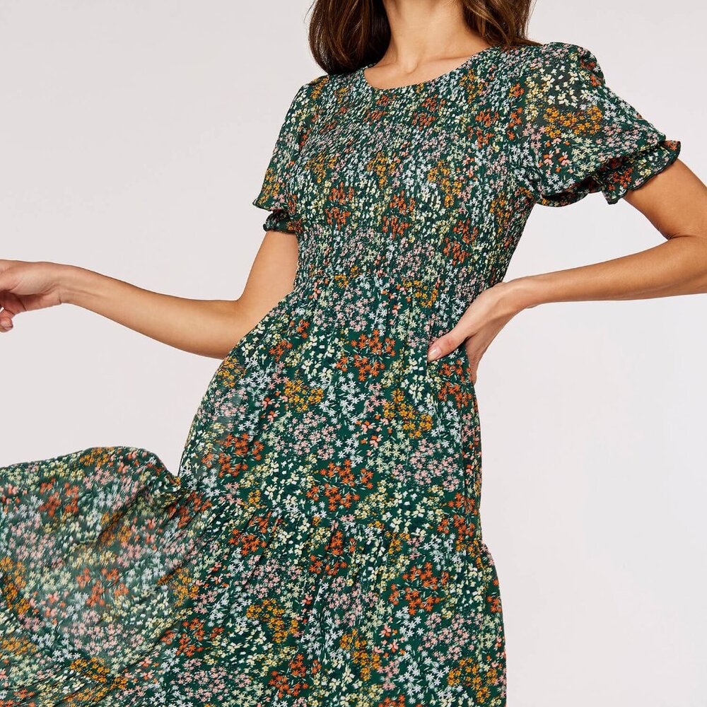 Puff Sleeve Floral Midi Dress with Smocked Bodice - Picture 1 of 7